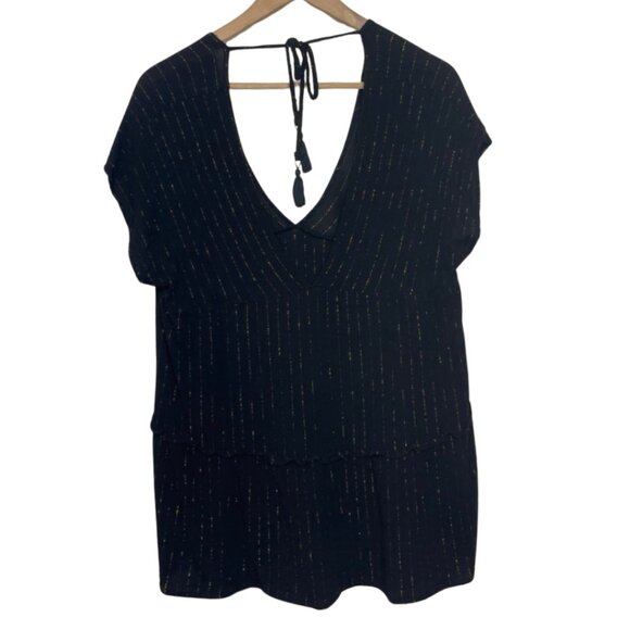 XHILARATION | Lightweight Black Short Sleeve Blouse Gold Stitch Top | Size S - Picture 5 of 10